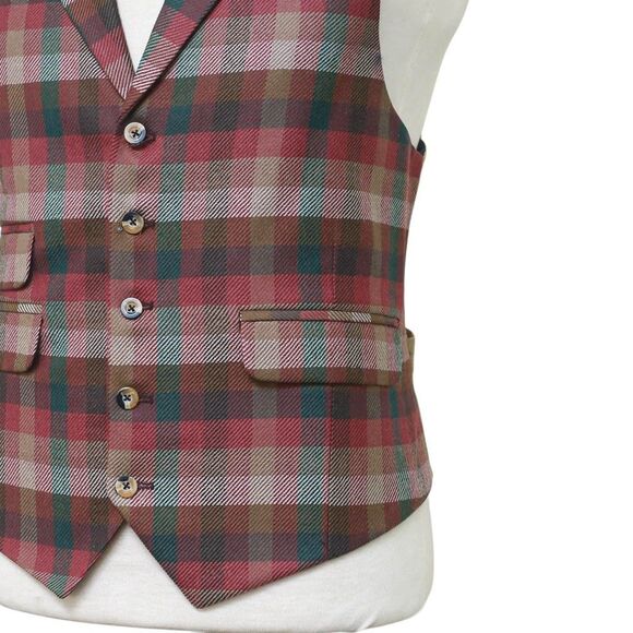 Mens Plaid Vest 44R Red Green Brown Wool Waistcoat XL Western Casual Wedding - Picture 6 of 9